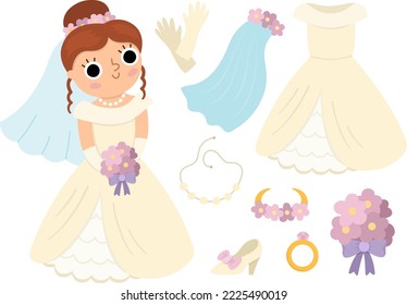 Vector bride clothes set. Cute just married girl with dress, accessory. Wedding ceremony icon. Cartoon marriage newly married woman, veil, shoe, bouquet, ring, gloves. Cute lady collection
