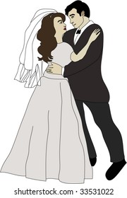 Vector of a bride and a groom dancing dressed in white and black, looking at each other lovingly
