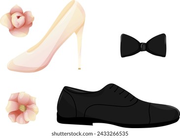 Vector bride and groom shoes illustration, tie and pink flowers, wedding decoration clipart set