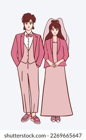 Vector bride and groom at wedding with pink dress and suite

