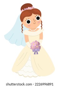 Vector bride illustration. Cute just married girl. Wedding ceremony icon. Cartoon marriage scene with newly married woman. Cute lady in bridal dress with vail, bouquet and flowers on head
