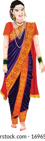 a vector of bride from Maharashtra with red - purple nauvari saree & golden border in marathi wedding with pearl jewellery and green bangles