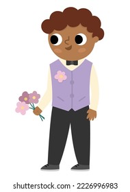 Vector bridegroom illustration. Cute dark skin and hair boy in glasses and purple vest with flower. Wedding ceremony icon. Cartoon marriage guest. Elegant man. Cute gentleman in smart suit
