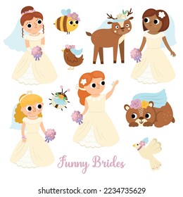 Vector brides set. Cute just married girls wearing white dresses, veils, accessory. Wedding ceremony icons. Cartoon marriage newly married woman, animals, birds. Cute lady collection
