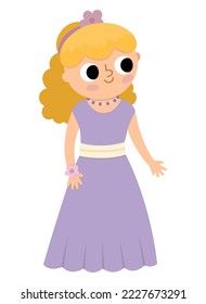 Vector bridesmaid illustration. Cute blond girl in purple dress with flower in hair. Wedding ceremony icon. Cartoon marriage guest. Elegant woman picture. Cute lady in smart outfit
