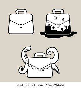 Vector briefcase icons. Set of three pictograms of schoolbags clean, dirty and with tentacles

