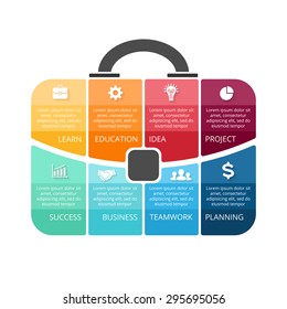 Vector briefcase infographic. Template for bag diagram, graph, presentation, round chart. Business professional portfolio with 8 options, parts, steps or processes. Travel and tourism concept.