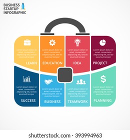 Vector briefcase infographic. Template for bag diagram, graph, presentation, round chart. Business infographics professional portfolio with 4, 8 options, parts, steps or processes. Travel, tourism.