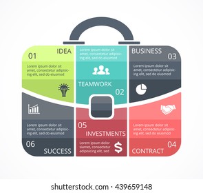 Vector briefcase infographic. Template for bag diagram, graph, presentation, round chart. Business professional portfolio with 6 options, parts, steps or processes. Travel and tourism concept.