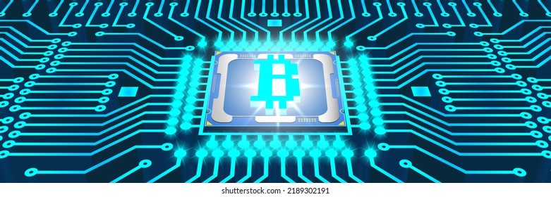 Vector bright 3d computer chip with a processor in the center and with a glowing radiant bitcoin symbol. Blue high-tech microcircuit