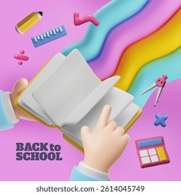 Vector bright 3D illustration of a hand flipping through blank pages of a book, with school supplies and rainbow background. Back to school concept. Cartoon style. Rendering.