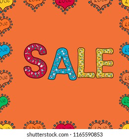 Vector. Bright abstract background with text. Original poster for discount. Best sale banner. Pictures in orange, black and blue colors. Lettering. Seamless.