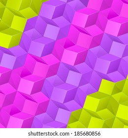 Vector bright abstract background with volume connected green,violet and pink cubes