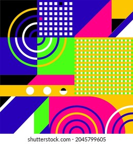 Vektorgrafik. Hell abstrakter, geometrischer Hintergrund von Formen: Rechteck, Kreis, Dreieck. Gelb, grün, rosa, blau, weiß.Geeignet als Hintergrund für ein Banner, Corporate Identity, Visitenkarte.