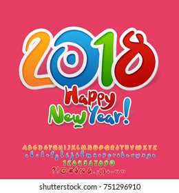 Vector bright abstract greeting card Happy New Year 2018 for Children. Vector original kid Alphabet Letters set, Numbers and Symbols