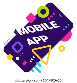 Imagen abstracta vectorial brillante del teléfono inteligente con aplicación móvil de palabra y elementos geométricos sobre fondo blanco. Diseño creativo de gadget para web, sitio, banner, afiche