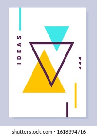 Vector bright abstract illustration with triangle shape and word on white background in frame. Flat style creative design of abstraction for poster, print or cover