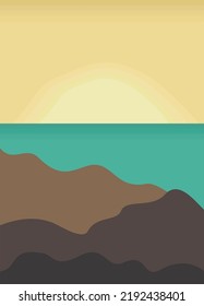 Vector bright abstract landscape. Sunset. Sea and mountains. 