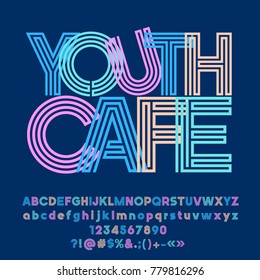 Vector bright abstract logo Youth Cafe. Set of colorful maze Alphabet letters, Numbers and Punctuation Symbols