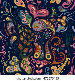 Vector bright abstract seamless pattern with bizarre animals and flowers