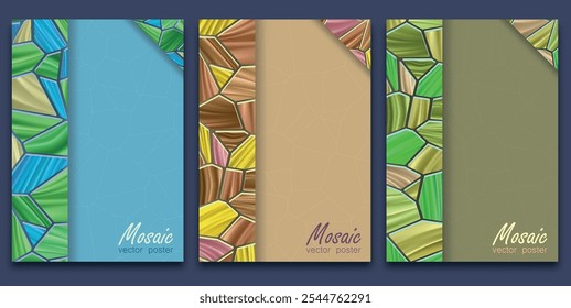 Vector. Bright abstract stylish illustration. Multicolored textured mosaic posters. Geometric figures in stained glass style. Template for invitations, holidays, booklet design. 
