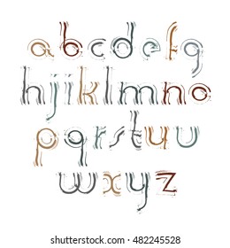 Vector bright acrylic font with white outline, handwritten watercolor lowercase letters isolated on white, creative light typeface drawn with ink brush.