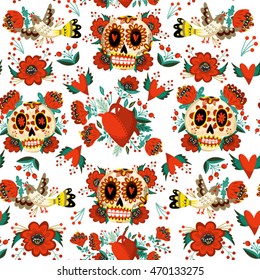 Vector bright and adorable pattern of sugar skulls, flowers and birds in folk style.