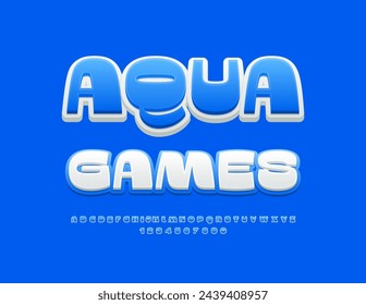 Vector bright advertisement Aqua Games. Trendy Creative Font. Stylish Blue Alphabet Letters and Numbers set.