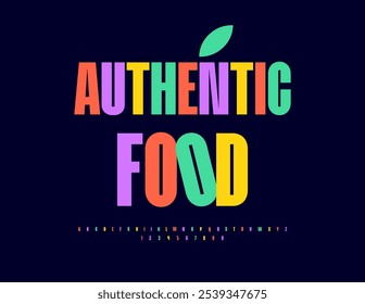 Vector bright advertisement Authentic Food. Modern Colorful Font. Artistic Alphabet Letters and Numbers set.