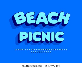 Vetor anúncio brilhante Piquenique de praia. Fonte azul fria. Letras e Números de Alfabeto 3D definidos.