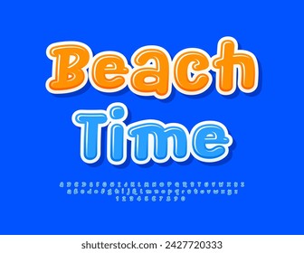 Vector bright Advertisement Beach Time. Playful Blue Font. Funny Glossy Alphabet Letters and Numbers set.