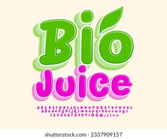 Anuncio de Vector brillante Bio Juice. Graciosa fuente 3D rosa. Juego de letras y números de alfabeto creativo.