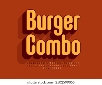 Leuchtende Werbung Burger Combo. Moderne 3D-Schrift. Trendy Alphabet Buchstaben und Zahlen gesetzt.