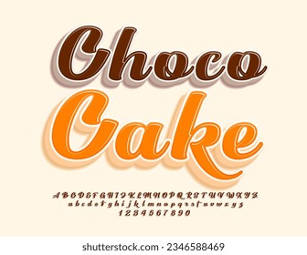 Vector bright advertisement Choco Cake. Brown Calligraphic 3D Font. Artistic Alphabet Letters, Numbers and Symbols set. 