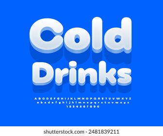 Vector bright advertisement Cold Drinks. Cute White 3D Font. Artistic Alphabet Letters and Numbers.