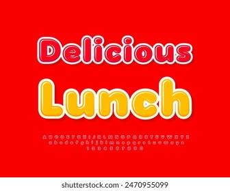 Vector bright advertisement Delicious Lunch. Glossy Red Font. Artistic Alphabet Letters and Numbers set.