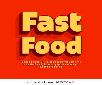 Vector bright advertisement Fast Food. Creative 3D Font. Modern Alphabet Letters and Numbers set.