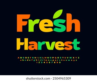 Vector bright advertisement Fresh Harvest with creative Font. Colorful Alphabet Letters and Numbers set