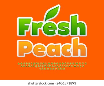 Vector bright advertisement Fresh Peach. Creative Green Font. Sticker style set of Alphabet Letters and Numbers