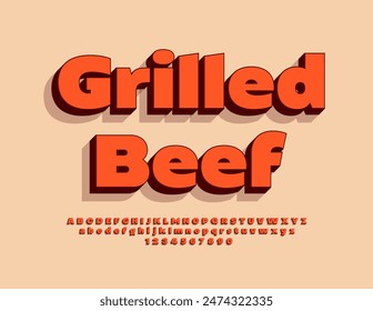 Vector bright Advertisement Grilled Beef. Trendy Font with Black Shadow. Modern 3D Red  Alphabet Letters and Numbers set.