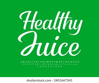 Vector bright advertisement Healthy Juice. Slim Calligraphic Font. Elegant White Alphabet Letters, Numbers and Symbols. 