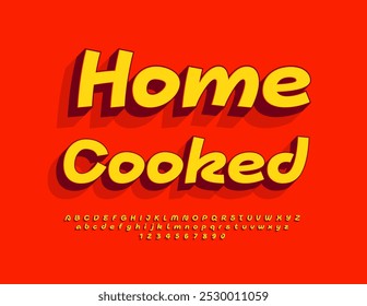 Vector bright advertisement Home Cooked. Bright Funny 3D Font. Modern Alphabet Letters and Numbers set.