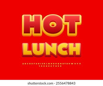 Vector bright advertisement Hot Lunch for Cafe and Restaurant. Modern Yellow and Red Font. Decorative Alphabet Letters and Numbers set.