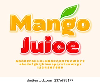 Anuncio de Vector brillante Mango Juice. Fuente brillante creativa. Letras y números alfabetos modernos