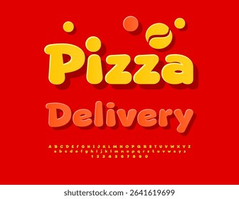 Vector Bright Advertisement Pizza Delivery with Decorative Emblem. Round Yellow Font. Cute Sticker Alphabet Letters and Numbers set.