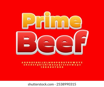 Vector bright advertisement Prime Beef. Bright Creative Font. Artistic Alphabet Letters and Numbers set. 