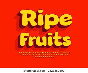 Vector bright advertisement Ripe Fruits. Creative 3D Font. Modern Alphabet Letters and Numbers set.