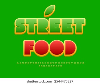 Vector bright advertisement Street Food. Abstract Green Font. Decorative Alphabet Letters and Numbers set.