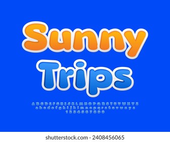 Vector bright advertisement Sunny Trips. Creative Blue Font. Modern Artistic Alphabet Letters and Numbers set.