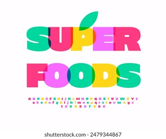 Vector brillante publicidad Super Foods. Fuente creativa colorida. Conjunto de letras y números del alfabeto creativo.